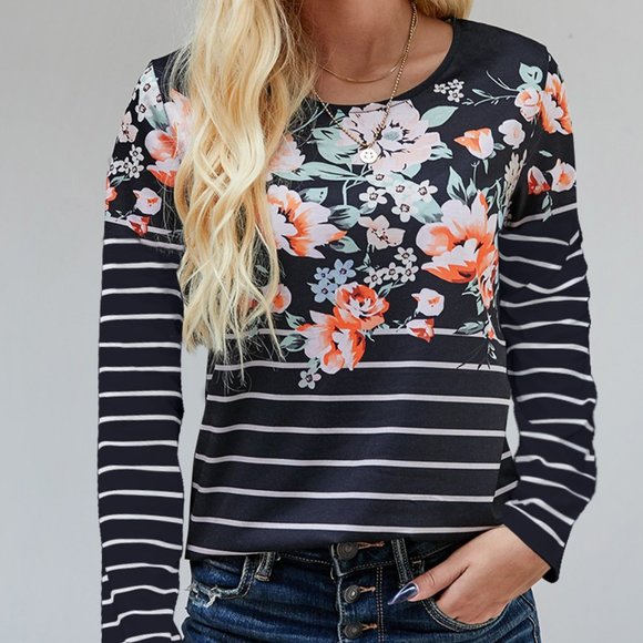 FLORAL STRIPED PRINT BLACK LONG SLEEVE TOP - Picture 1 of 5